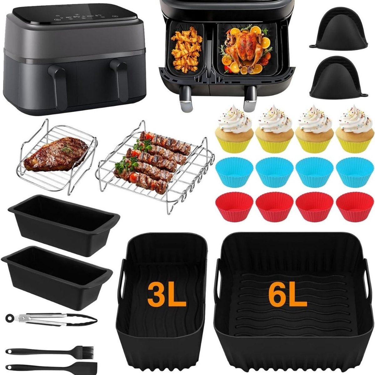 Airfryer Accessoires - Siliconen Bakje - Bakpapier - Zwart