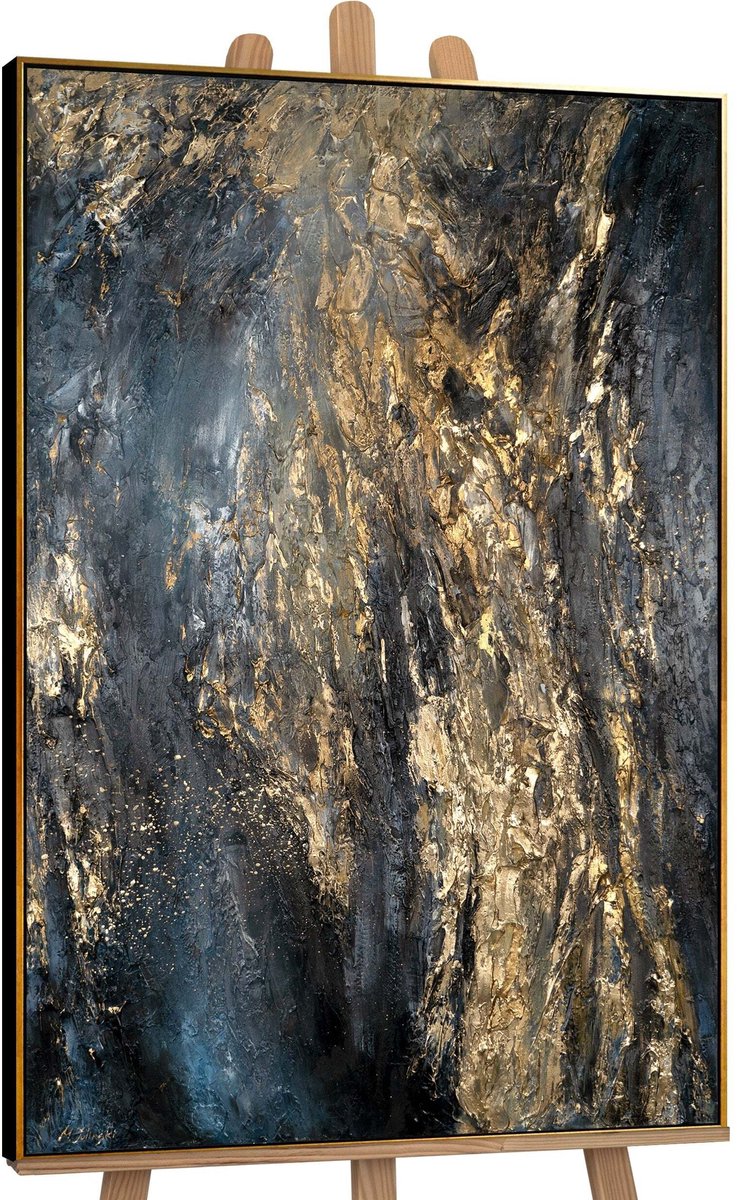 YS Canvas schilderij landschapsformaat handgeschilderd azuur blauw abstract – YS-Art Gallery – Rustgevende wanddecoratie voor woonkamer – Modern schilderij voor slaapkamer en hal Black-Gold