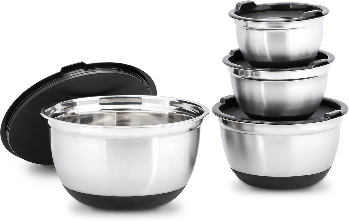 Klassieke 4-Delige RVS Kommen Set BOWLY – Met Deksel - Zilver-Zwart