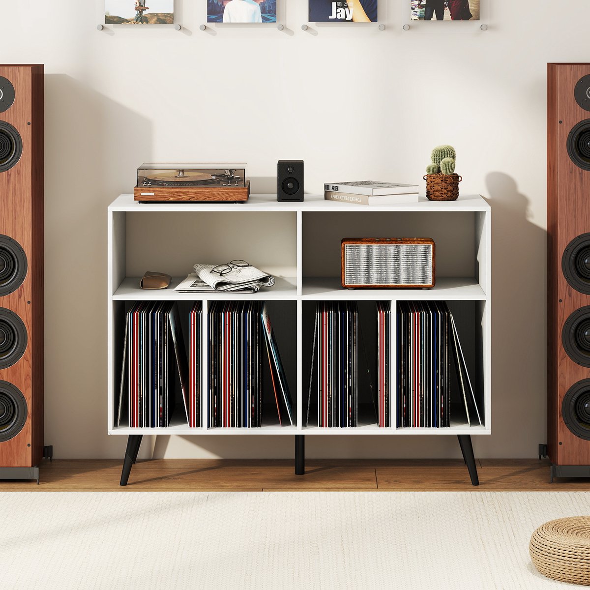 COSTWAY Draaitafel standaard 3-traps draaitafel kast met vinyl opbergplanken, opbergtafel voor vinylplaten, opberghouder voor woonkamer, muziekkamer (wit) thumbnail 5