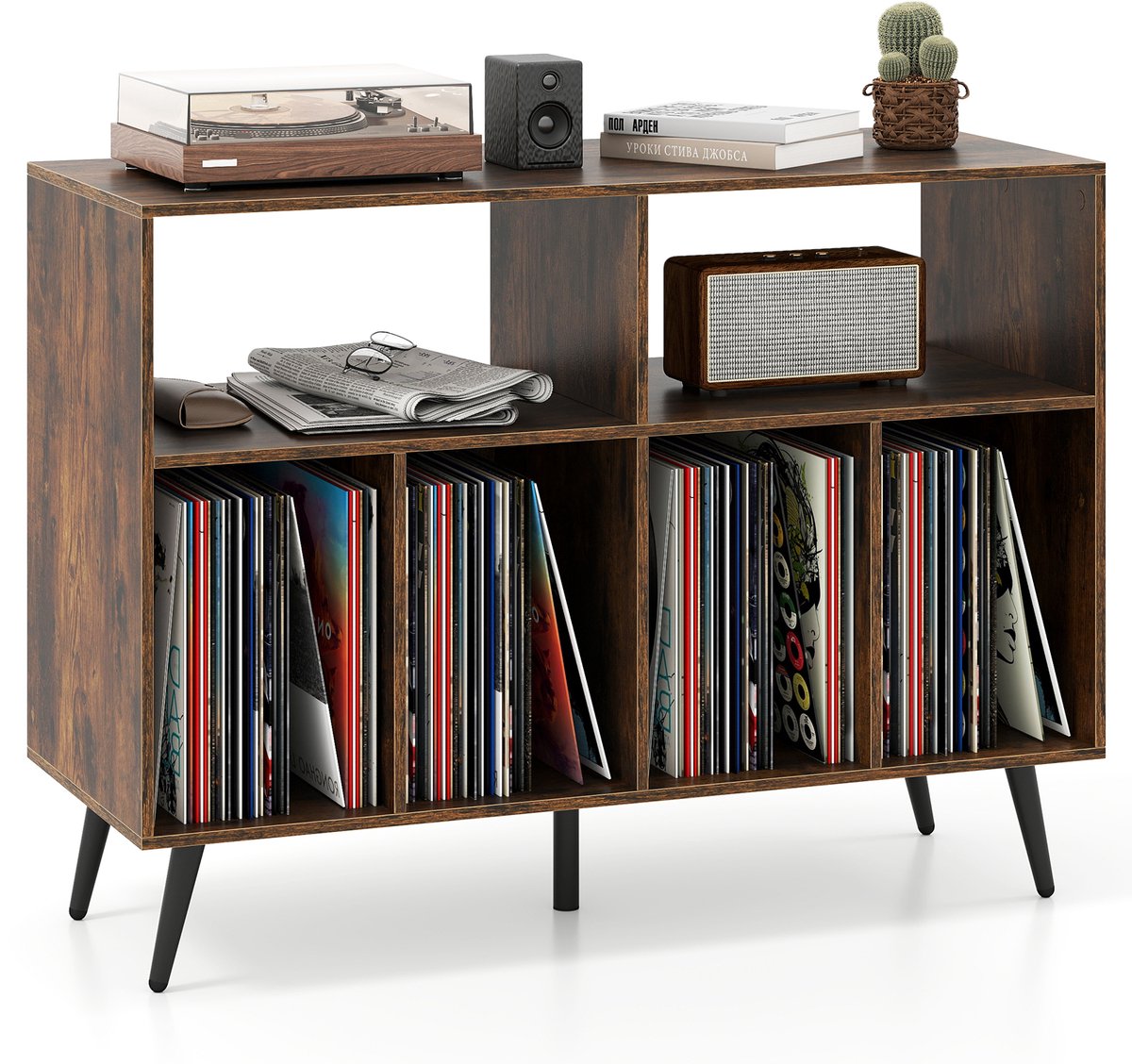 COSTWAY Draaitafel standaard 3-traps draaitafel kast met vinyl opbergplanken, opbergtafel voor vinylplaten, opberghouder voor woonkamer, muziekkamer (bruin)