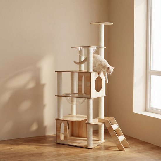 FurAliens Krabpaal met 360° Transparante Capsules 93x40x157 – Kattenkrabpaal Beige – Krabpaal Hout - Hygiënisch - Luxe Design Kattenmeubel - Krabpaal voor Katten