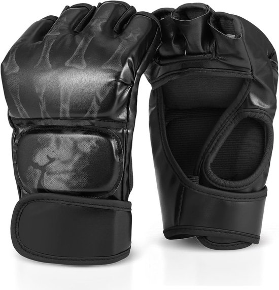 Zwarte MMA handschoenen met vingerslot en skeletprint op de bovenkant. Grijze polssluiting.