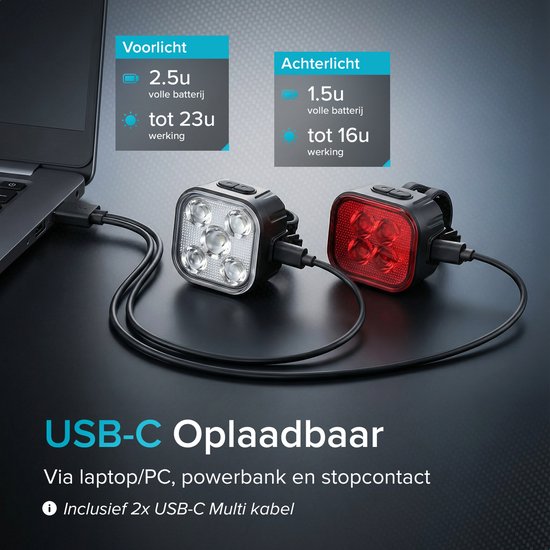 Inlustro 4x Fietslampjes - LED Achterlicht en Voorlicht - Fietslamp Rood en Wit Set - Fietslicht Koplamp - IPX4 Waterdicht - USB Oplaadbaar van Merkloos — afbeelding 3