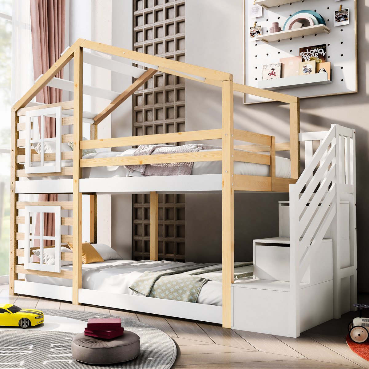 HAUSS SPOLE Bed 90x200 cm - Boomhuis Stapelbed Met Opberglades En Brede Trap - EN 747-1:2024 - Massief Hout/MDF - Naturel/Wit - Zonder matras Natuurlijk