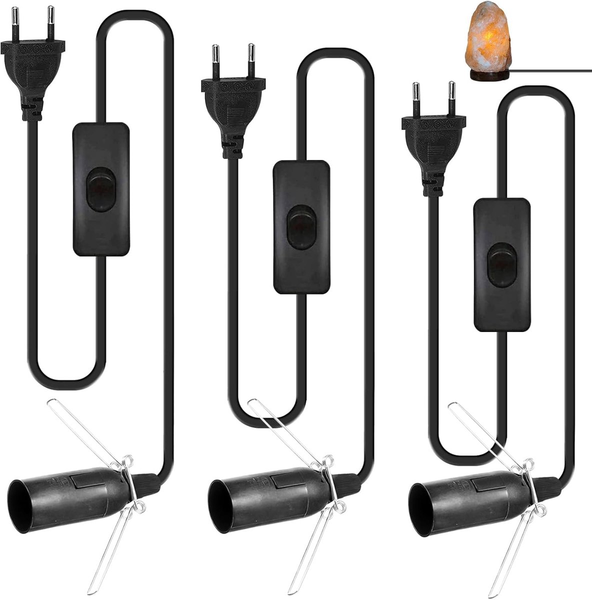 Ynkkvre - E14 Lampvat - Zoutlamp Toebehoren - Met Aan/Uit-Schakelaar En 1,8M Snoer - 3 Stuks - Voor Hanglampen Zwart