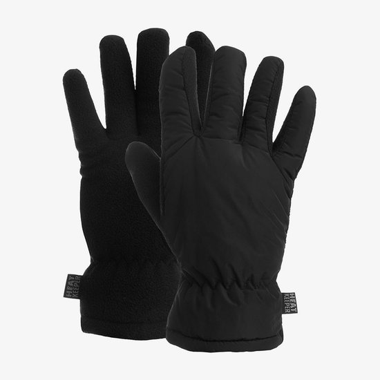 Zwarte Heat Keeper handschoenen voor heren, een met een gladde buitenkant en een met fleece. Met tekstlabel 'HEAT KEEPER'.
