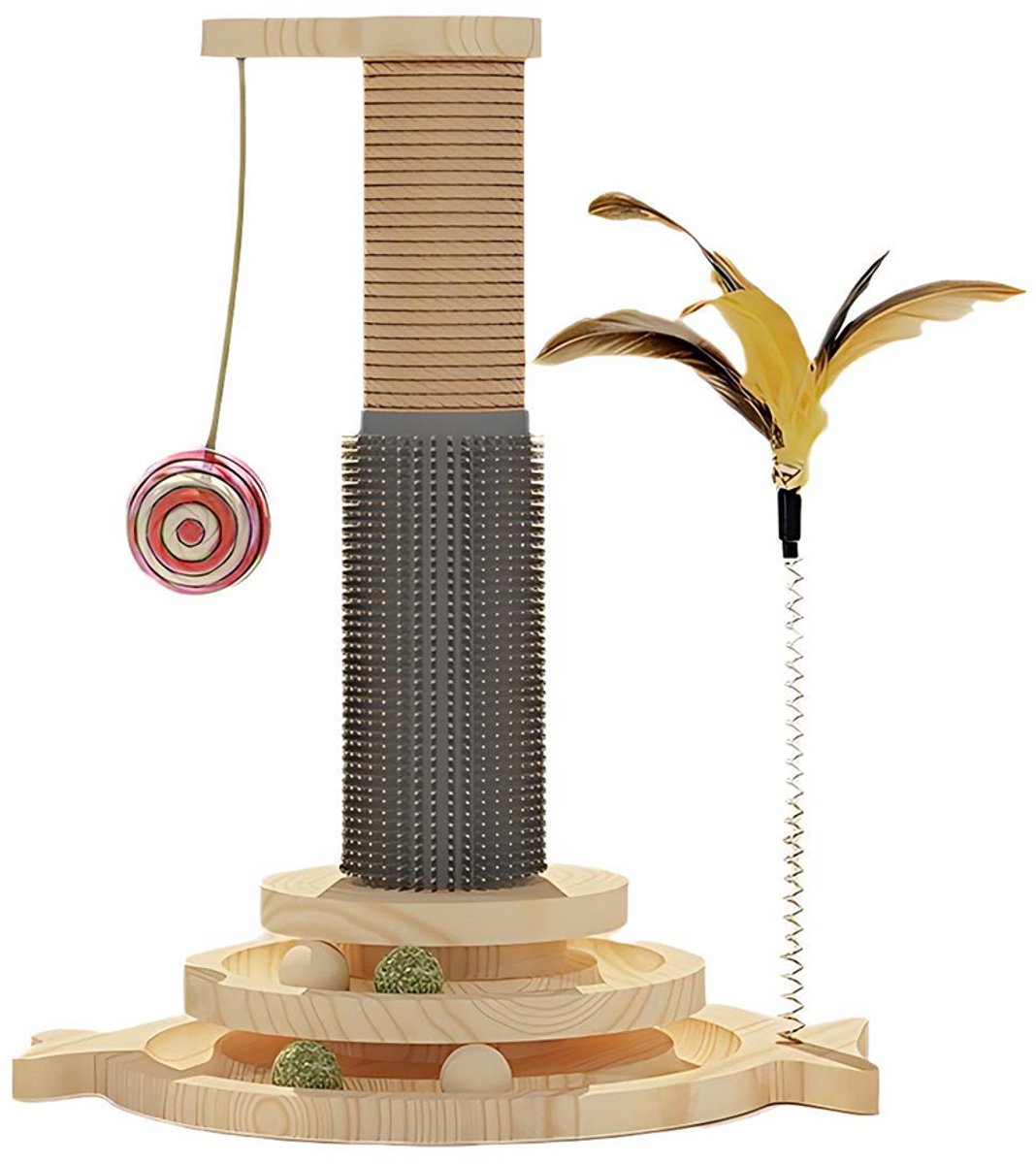 Krabpaal - Interactief Kattenspeelgoed - Dierenbenodigdheden - Pluisvrij - 29*40 cm - Pompons en Veren in Willekeurige Kleur - Beige