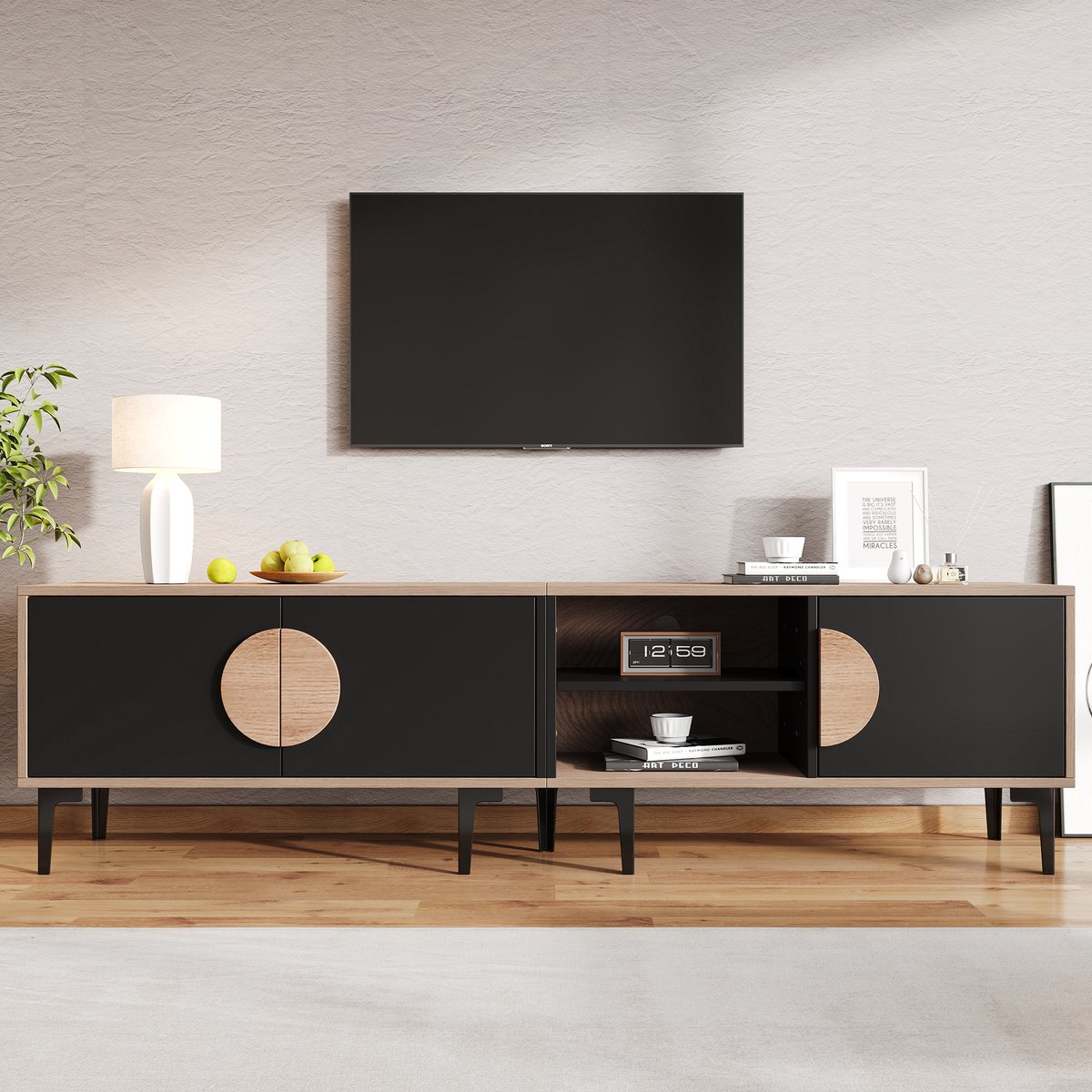 Clruro Lowboard - 180x35x49 cm - Voor 80 Inch TV - 2 Kasten en Open Vakken - Hout en Zwart Zwart, Eiken