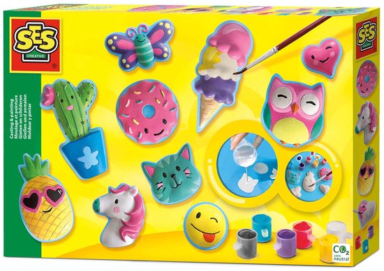 SES Creative - Gieten en Schilderen - Vrolijke Figuren - gips gieten - vormpjes, gips, verf, penseel en gladstrijkkam - knutselen voor kinderen