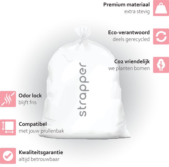 Grote, witte Strapper vuilniszak met icoontjes die duurzaamheid, geurbestrijding, CO2-neutraliteit en compatibiliteit benadrukken.