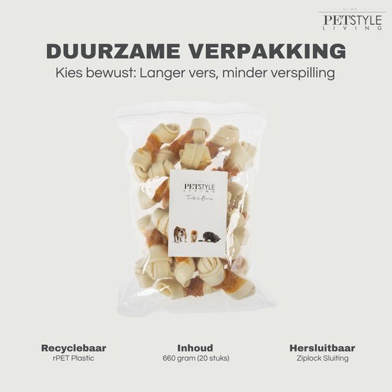 Zak met 20 geknoopte botten met kip, 660 gram, met duurzame verpakking.