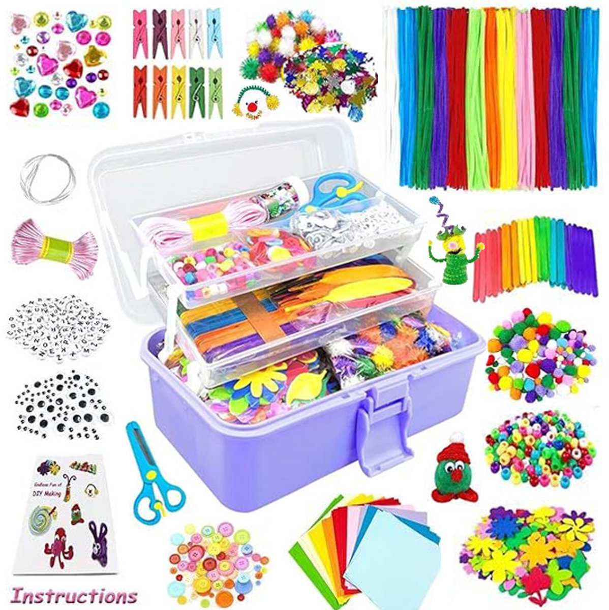 1300+ stuks DIY-knutselset voor kinderen - Koffer met knutselbenodigdheden, inclusief pijpenragers en pompons - Creatief knutselcadeau voor verjaardagen, Kerstmis en Kinderdag - roze