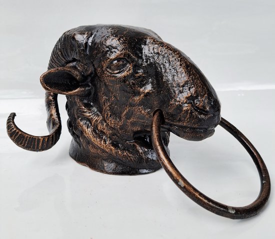 Gietijzeren Ramskop BZ602600 bruin zwaar model met ring voor handdoek - handdoek ring rek - giet ijzer - voor binnen of buiten - ramskop - replica retro design decoratie - Rams head wall sculpture