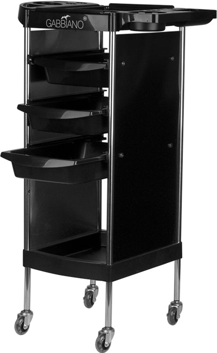 Gabbiano Kappersassistent FX11-A – Professionele Kapperswagen Met 3 Trays En Föhnhouder – Verrijdbare Salon Trolley Op Wielen – Zwart