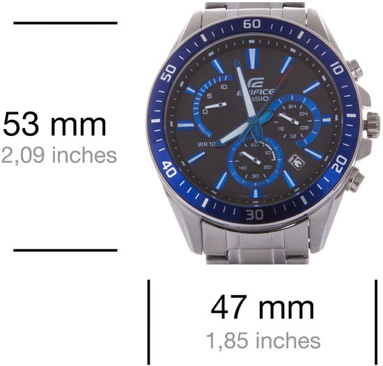 Zilverkleurig Edifice horloge met een zwarte wijzerplaat en blauwe accenten.