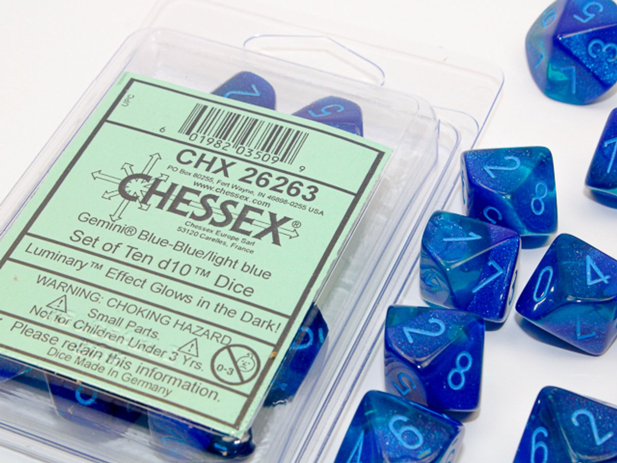 Chessex Gemini blauw-blauw/lichtblauw Luminary Dobbelsteenset (10 stuks)