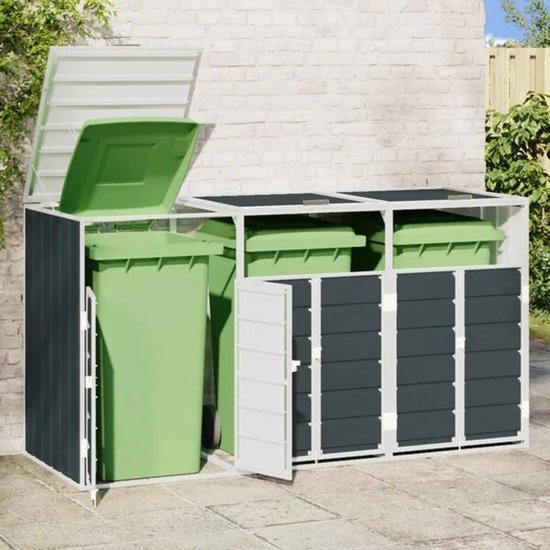 Een kliko ombouw met drie vakken, waarvan één open met een groene vuilnisbak en de andere twee gesloten met deuren.