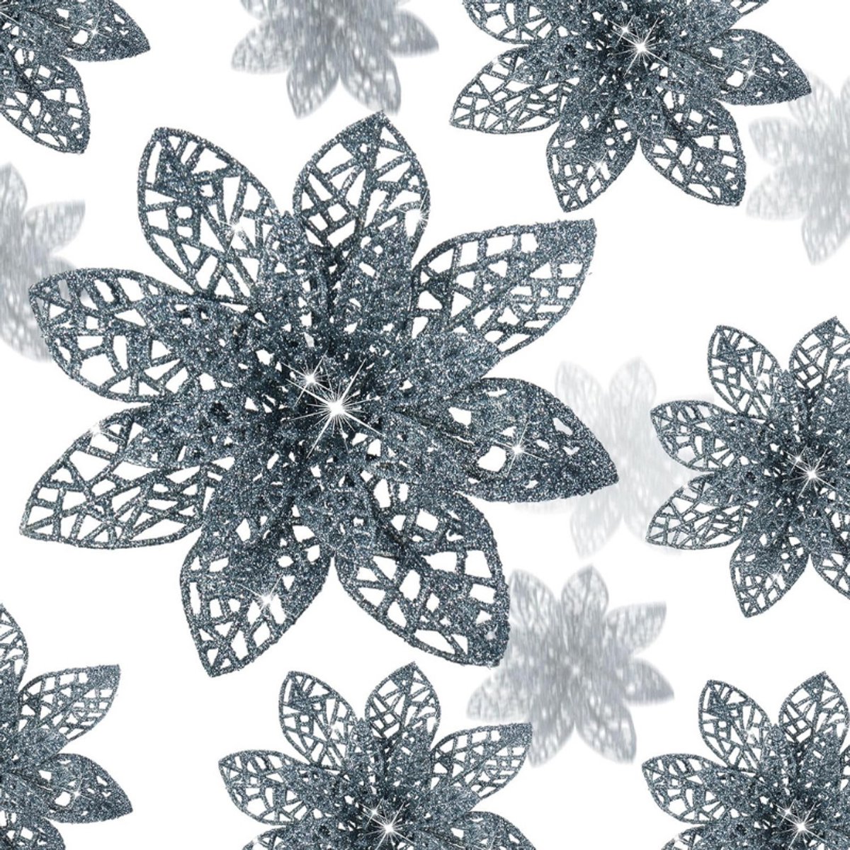 24 Stuks Glitter Poinsettia Kerstboomornament Kerstbloemen Decoratie Ornament 7.5 Cm Dusty Blue