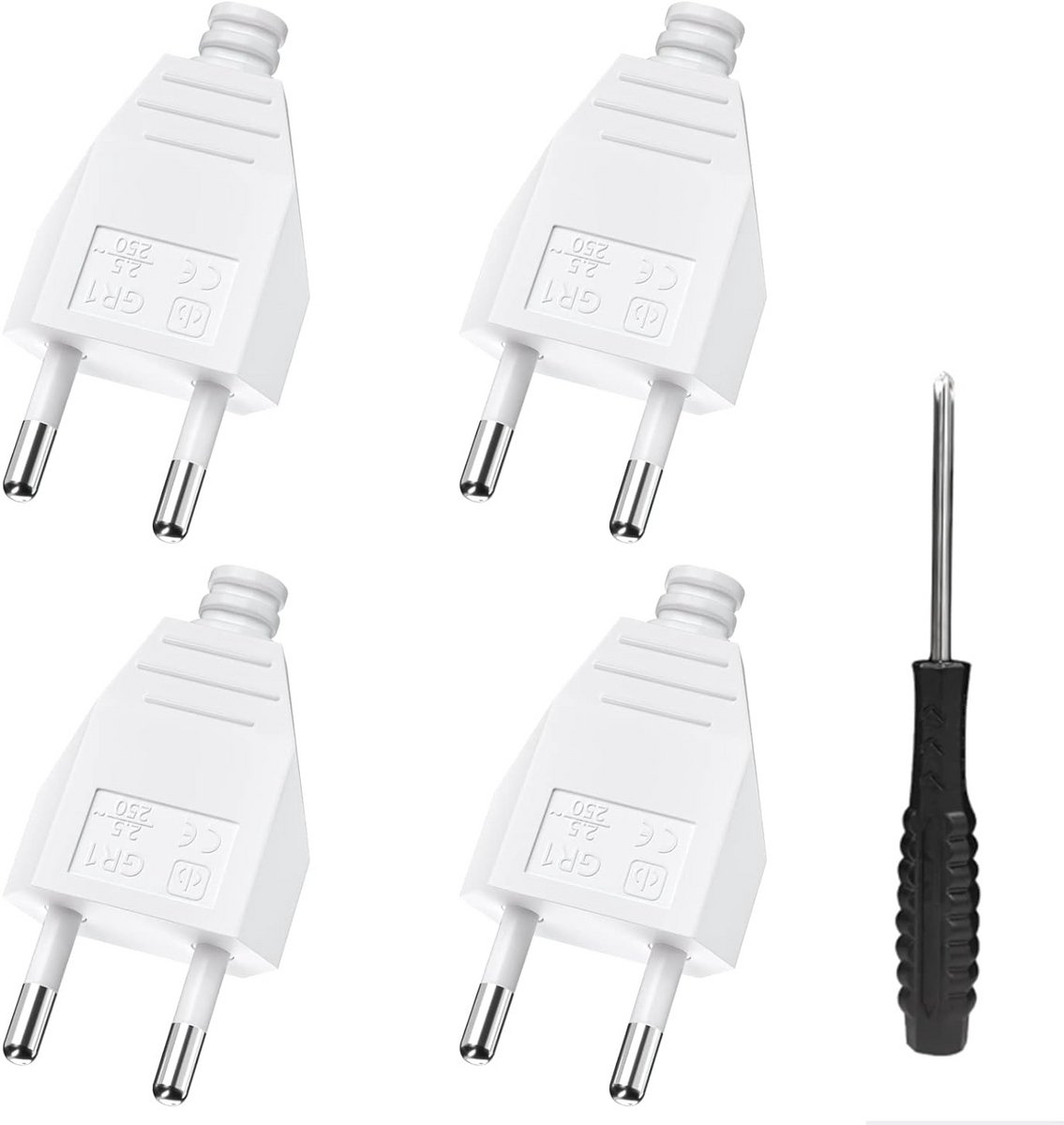 4x Platte Eurostekker Wit met Schroefaansluiting voor 250V 2.5A Zelfmontage