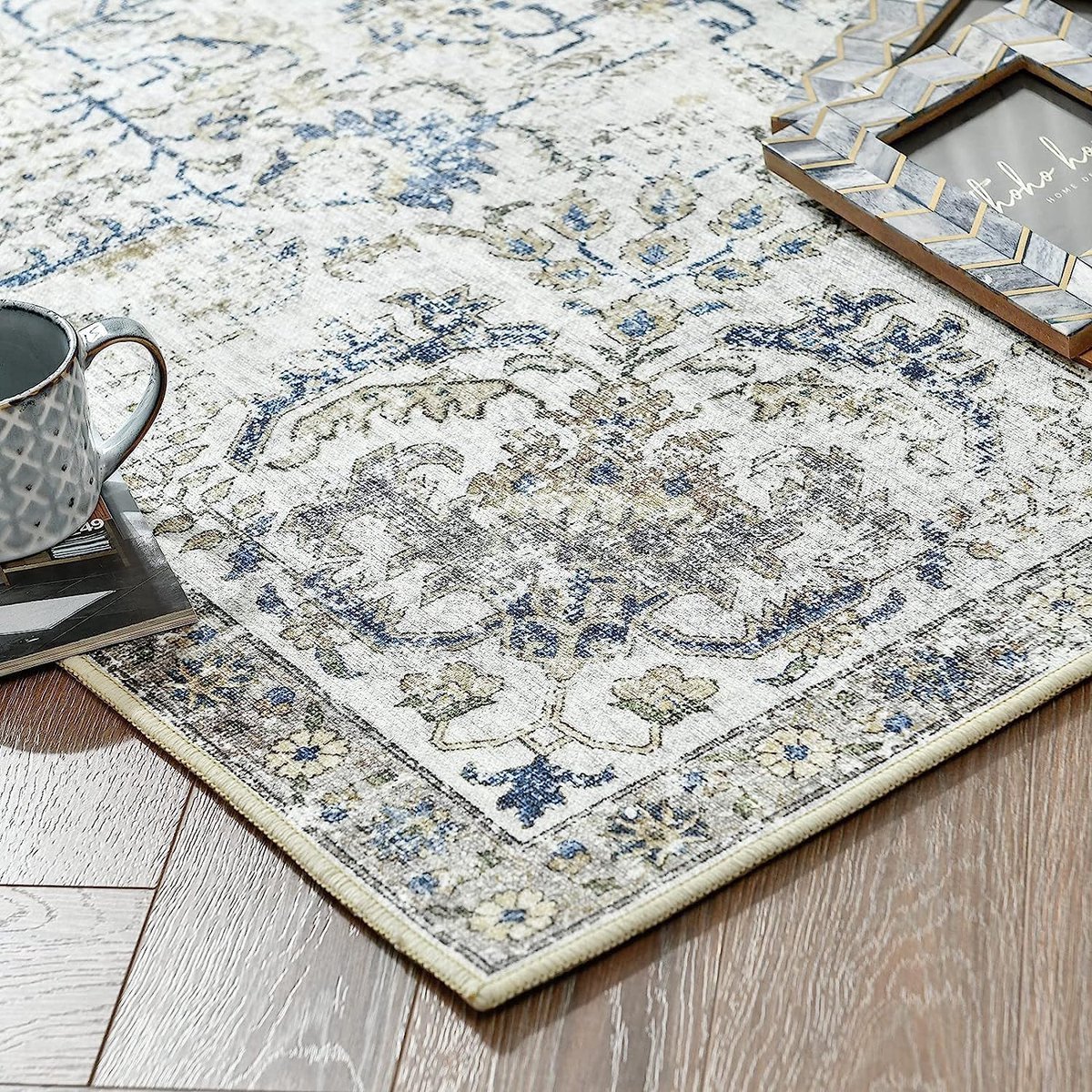Stunq® Vloerkleed Deurmat 60 x 90 cm Laagpolig Deurmat Vintage Binnen Opvouwbaar Dun Vloerkleed Retro Distressed Tapijt Blauw Multi Bloemenprint Landelijk Boho Tapijt Antislip Keuken Slaapkamer