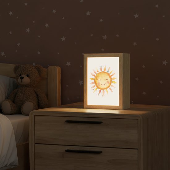 Nachtlampje 15x20 cm - Kinder lampje - Zon - Watercolor - Geel - Tafellamp kinderkamer - Slaapkamer lamp - Bedlamp kinderen - Kinderlampje stopcontact - Wandlamp babykamer - Nachtlampjes van OnlyWow — afbeelding 2