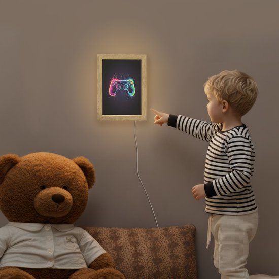Nachtlampje 15x20 cm - Kinder lamp - Grafisch - Controller - Neon - Verfspatten - Tafellamp kinderkamer - Slaapkamer lamp - Bedlamp kinderen - Kinderlampje stopcontact - Wandlamp babykamer - Nachtlampjes van Merkloos — afbeelding 5