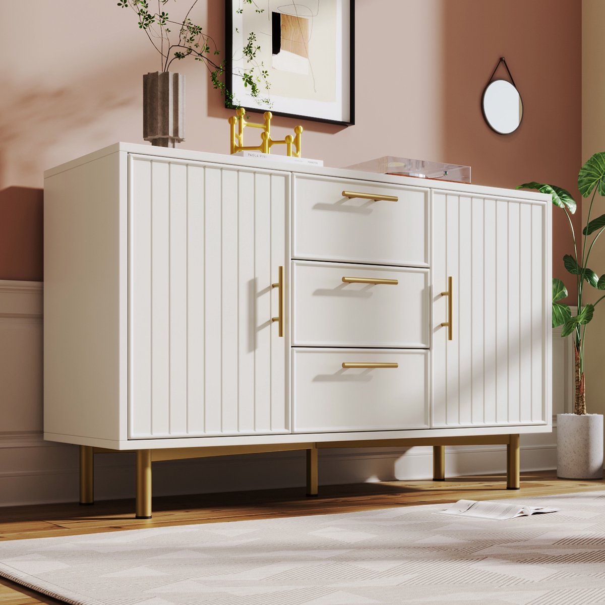 Wishdor Dressoir Met 2 Deuren En 3 Lades - Verstelbare Legplank - Metalen Onderstel - Wit - 75 x 120 x 40 cm