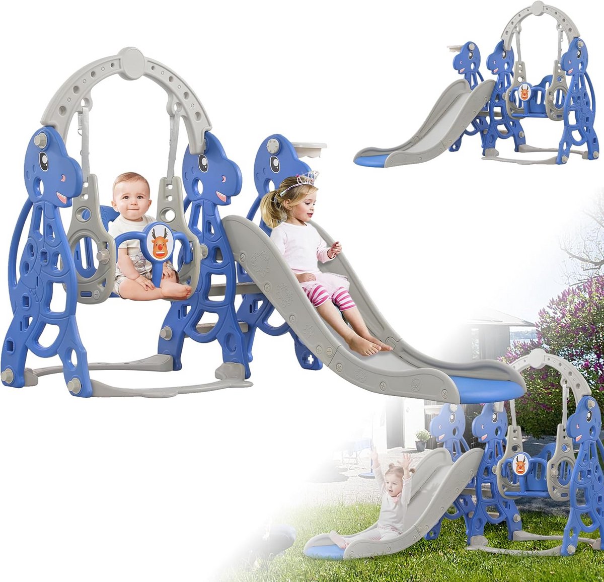 4-in-1 Kinderspeelgoed Glijbaan met Schommel, Basketbalrek en Klimrek voor Binnen en Buiten