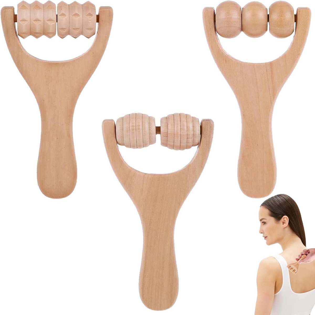Set van 3 Houten Handmatige Massagerollen voor Lichaamsontspanning