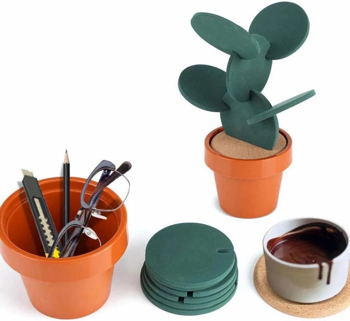 Set onderzetters in cactusdesign bloempot - 6 stuks - decoratieve keuken accessoires