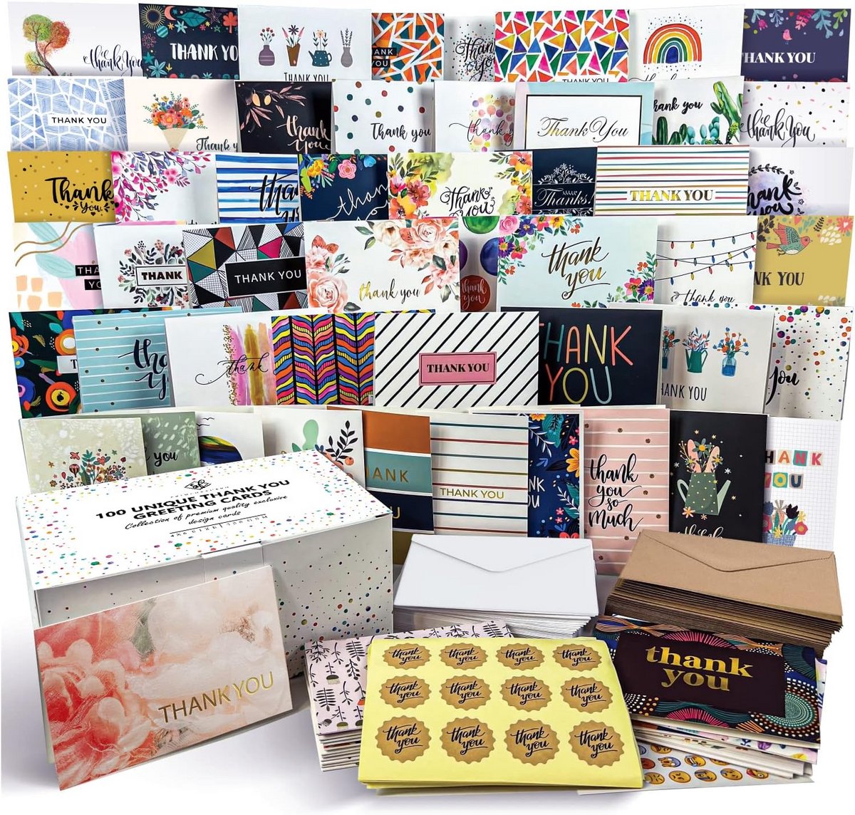 100 Bedankkaartjes met Enveloppen Set - 4x6 Inch - 100 Unieke Tekeningen voor Zaken of Particulier Gebruik