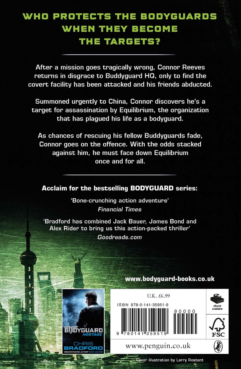 Achterkant van het boek 'Bodyguard: Hostage' van Chris Bradford, met tekst en een kleine afbeelding van het boek.