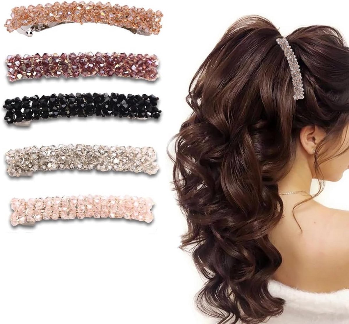 Elegante Haarspelden Set met Kristal, Veren en Strass – 5 stuks, 8,5 cm