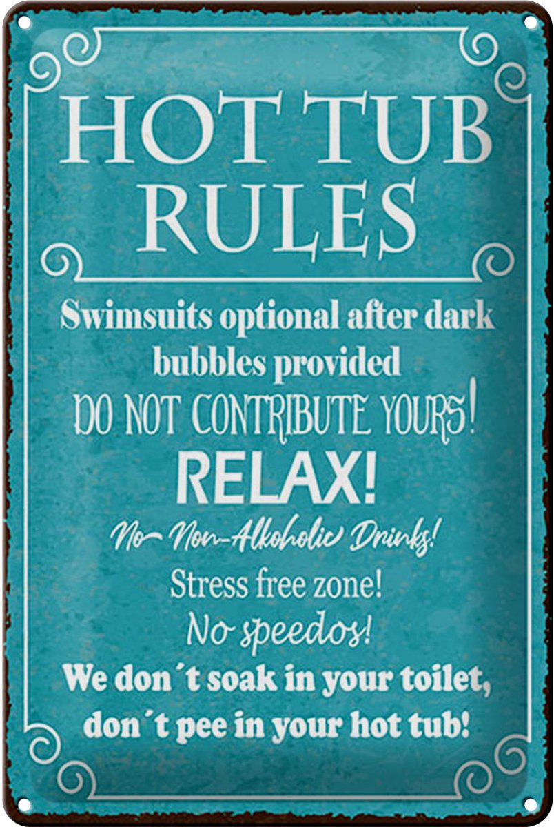 Blechschild Spruch 12x18 cm Hot tub rules blaues Deko Schild