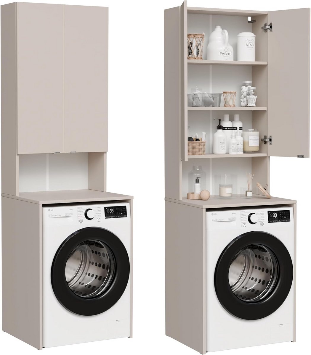 Hoge Wasmachinekast voor Boven de Wasmachine en Droger - Badkamerkast met Soft Close - Wit