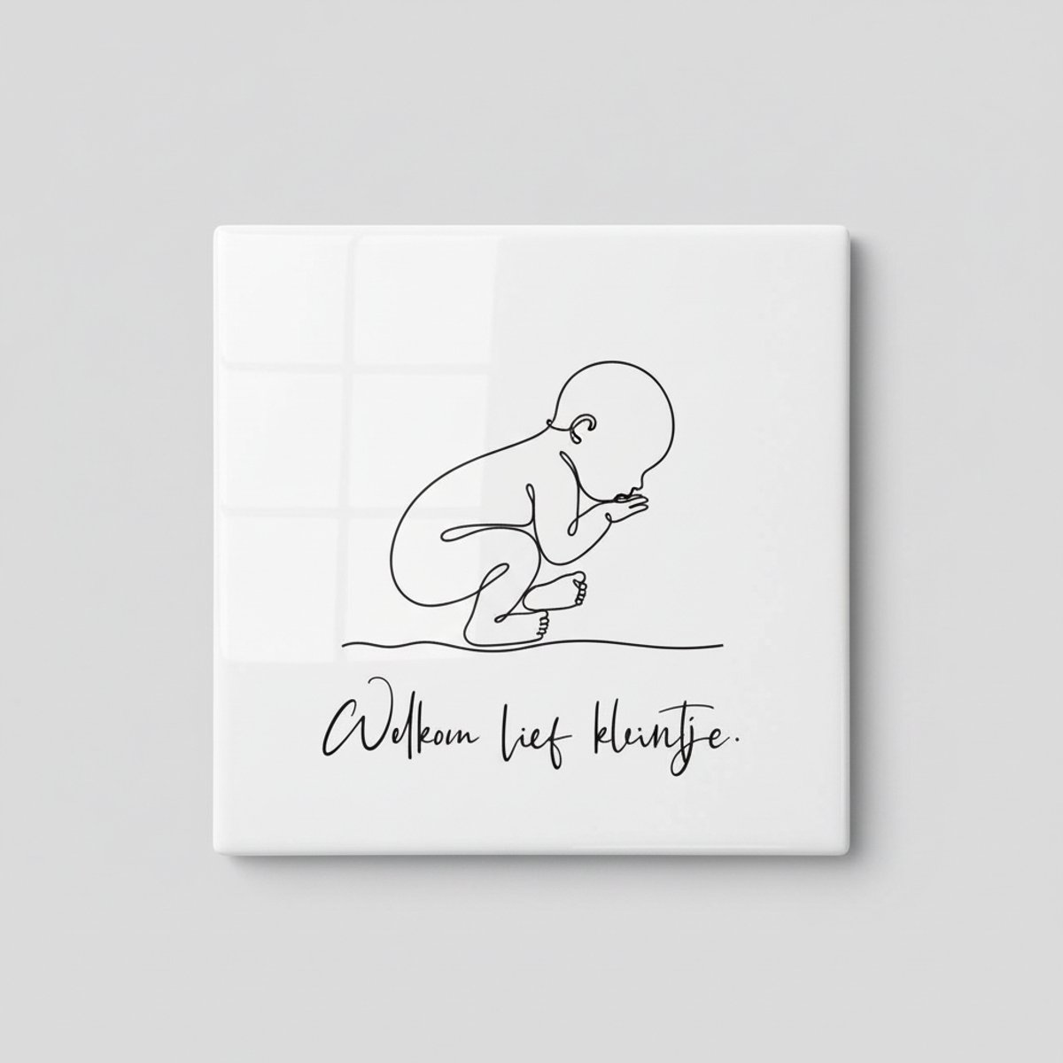 Welkom Lief Kleintje Baby Tegel 15x15 cm – Minimalistische Pasgeboren Lijntekening Keramis