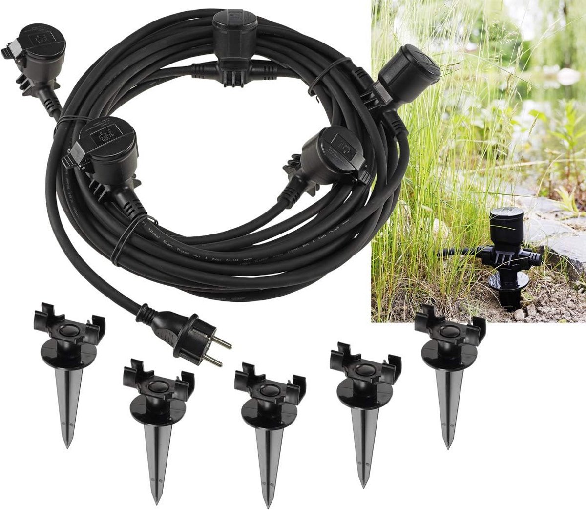 5-Weg Buitenstopcontact met Tuinspies en 15 Meter Kabel - IP44 Stroomverdeler voor Tuin en Buitenverlichting