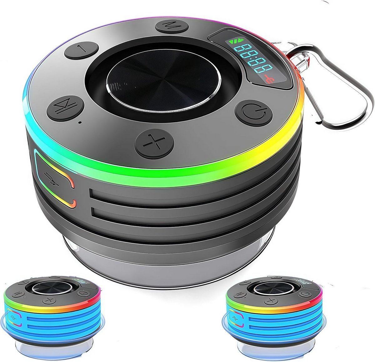 Waterdichte Bluetooth Douche Speaker met FM Radio, Tijd en RGB Lichtshow