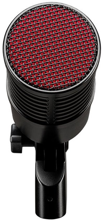 Zwarte microfoon met rode stoffen grill en een standaardbevestiging.