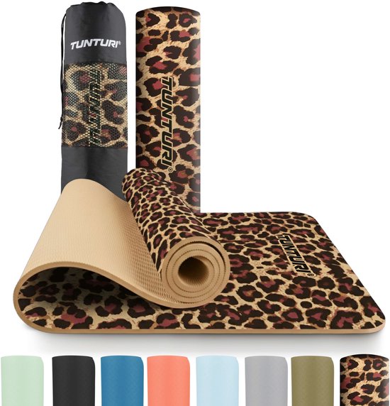 Tunturi Yoga Mat 8mm - Pilates mat - Extra dikke fitness mat - 183x61x0,8 cm - Incl Draagtas - Ecologisch materiaal - Eenvoudig te reinigen - Panterprint -Luipaardprint