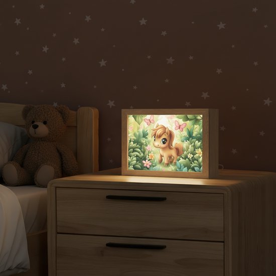 Nachtlampje 20x15 cm - Kinder lamp - Pony - Bruin - Cartoon - Vlinders - Tafellamp kinderkamer - Slaapkamer lamp - Bedlamp kinderen - Kinderlampje stopcontact - Wandlamp babykamer - Nachtlampjes van Merkloos — afbeelding 2