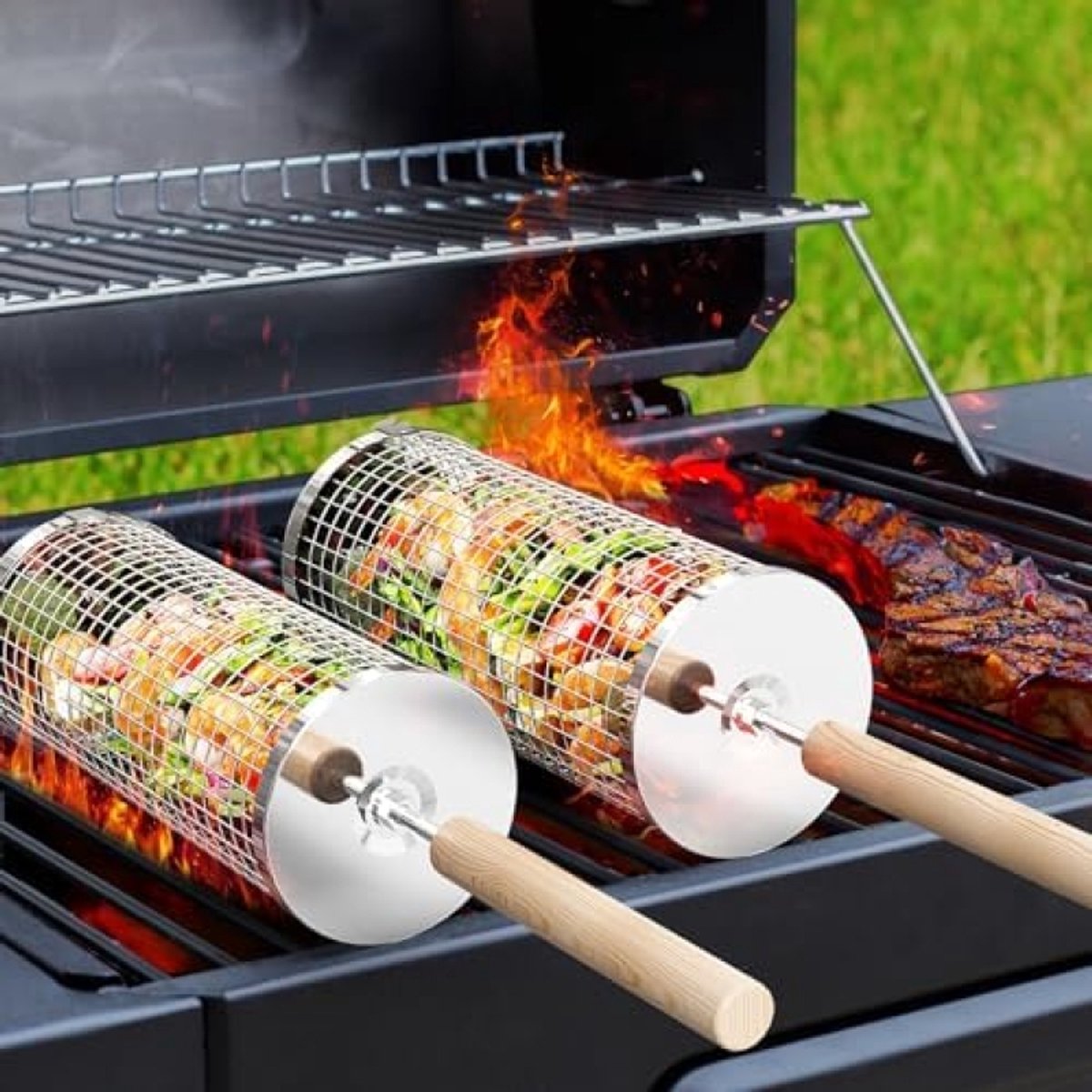 Rollende Barbecue Grillmand Set - Roestvrij Stalen BBQ Accessoire