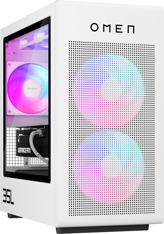 Witte OMEN computerkast met geperforeerd front met RGB-verlichting en een glazen zijpaneel.