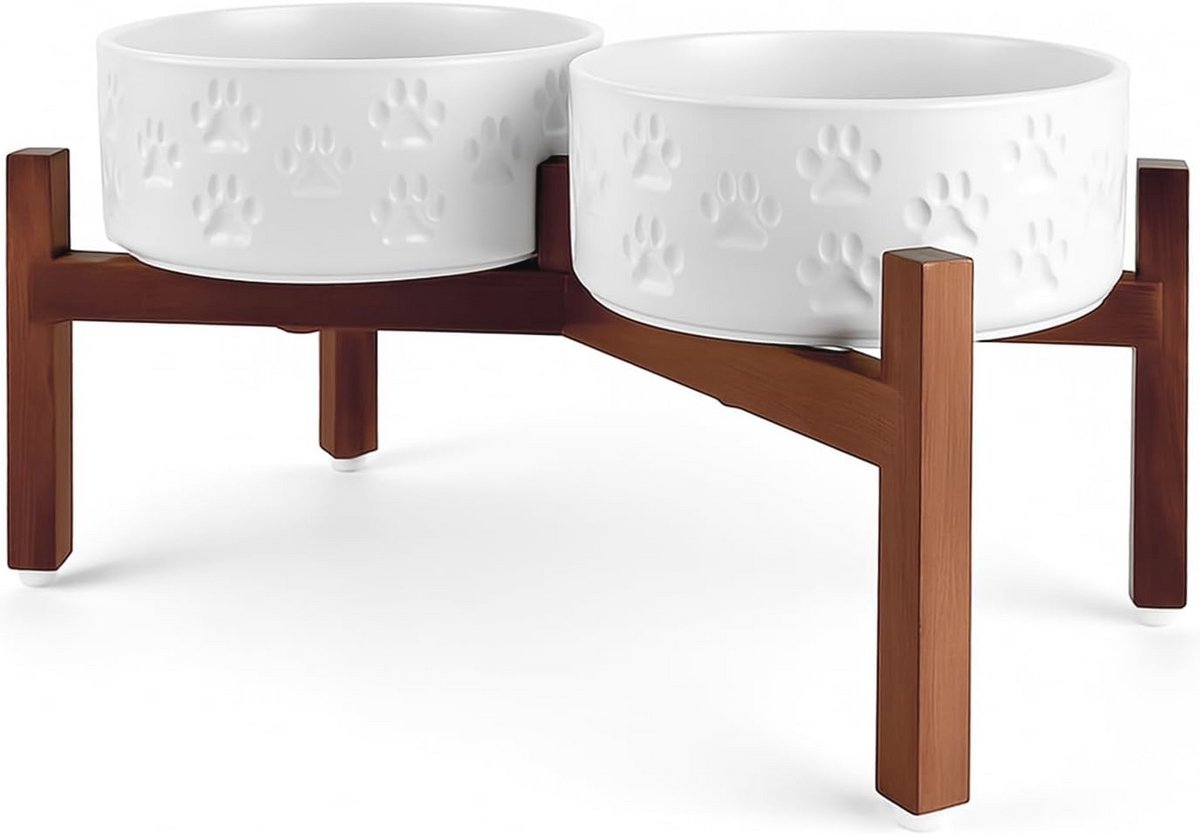 Verhoogde Keramische Hondenbak met Houten Standaard voor Middelgrote Honden - 1250 ml - Wit
