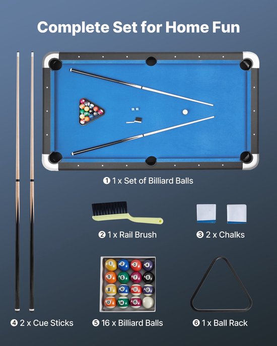 Pooltafel - Biljarttafel - Lengte 213 cm - Verstelbare Poten - Complete Set met Ballen, Keuen, Triangel, Krijt en Borstel - Voor Speelkamer/Recreatieruimte - Zwart met Blauw Laken van Merkloos — afbeelding 4
