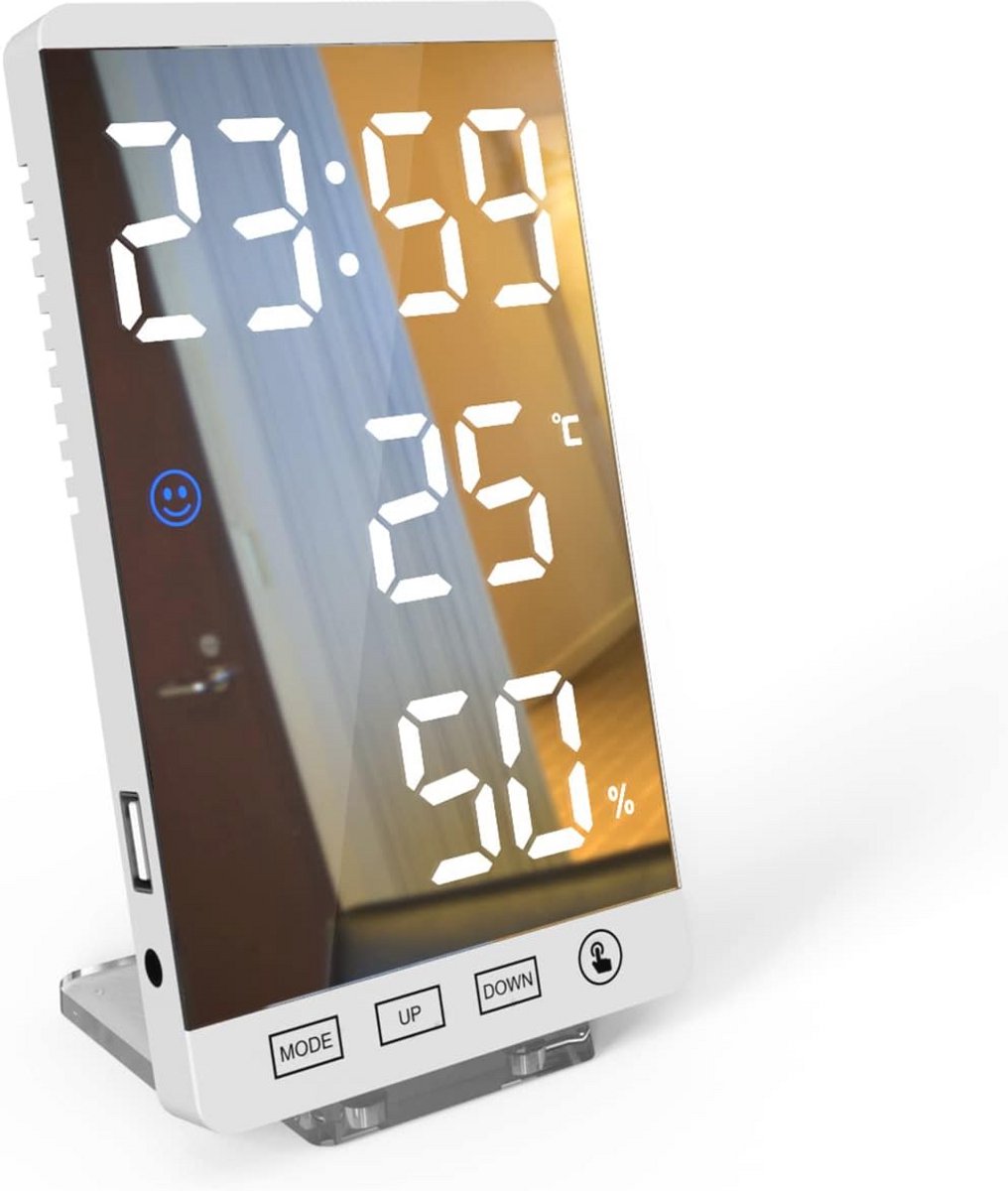 LED Spiegel Wekker met Temperatuur en Vochtigheid | Verstelbare Helderheid | Wand- en Tafelklok