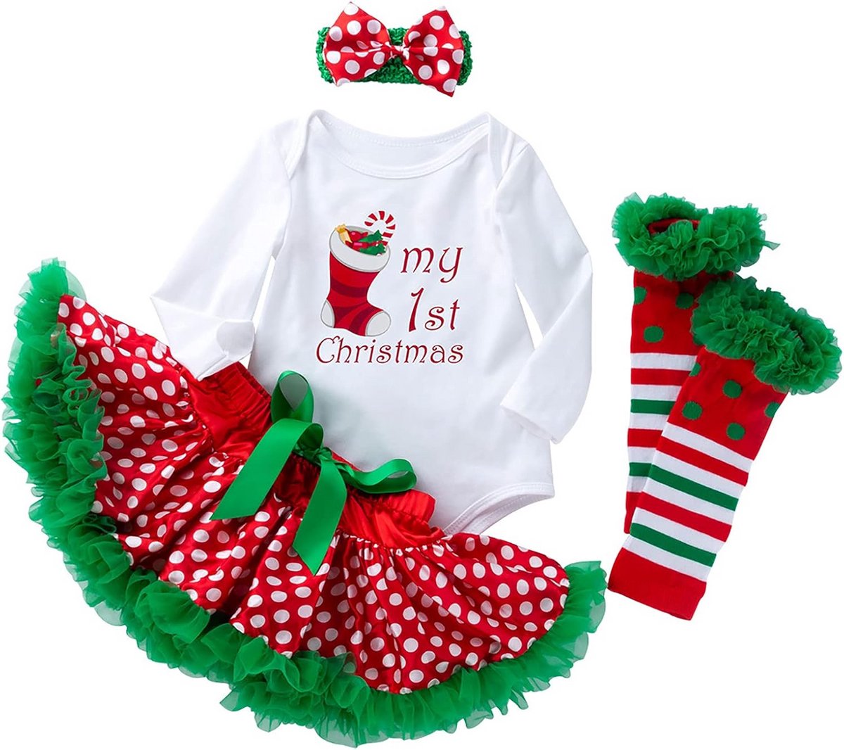 Kerst Outfit Set voor Baby Meisjes (0-24 Maanden) met Tutu Jurk, Hoofdband en Beenwarmers