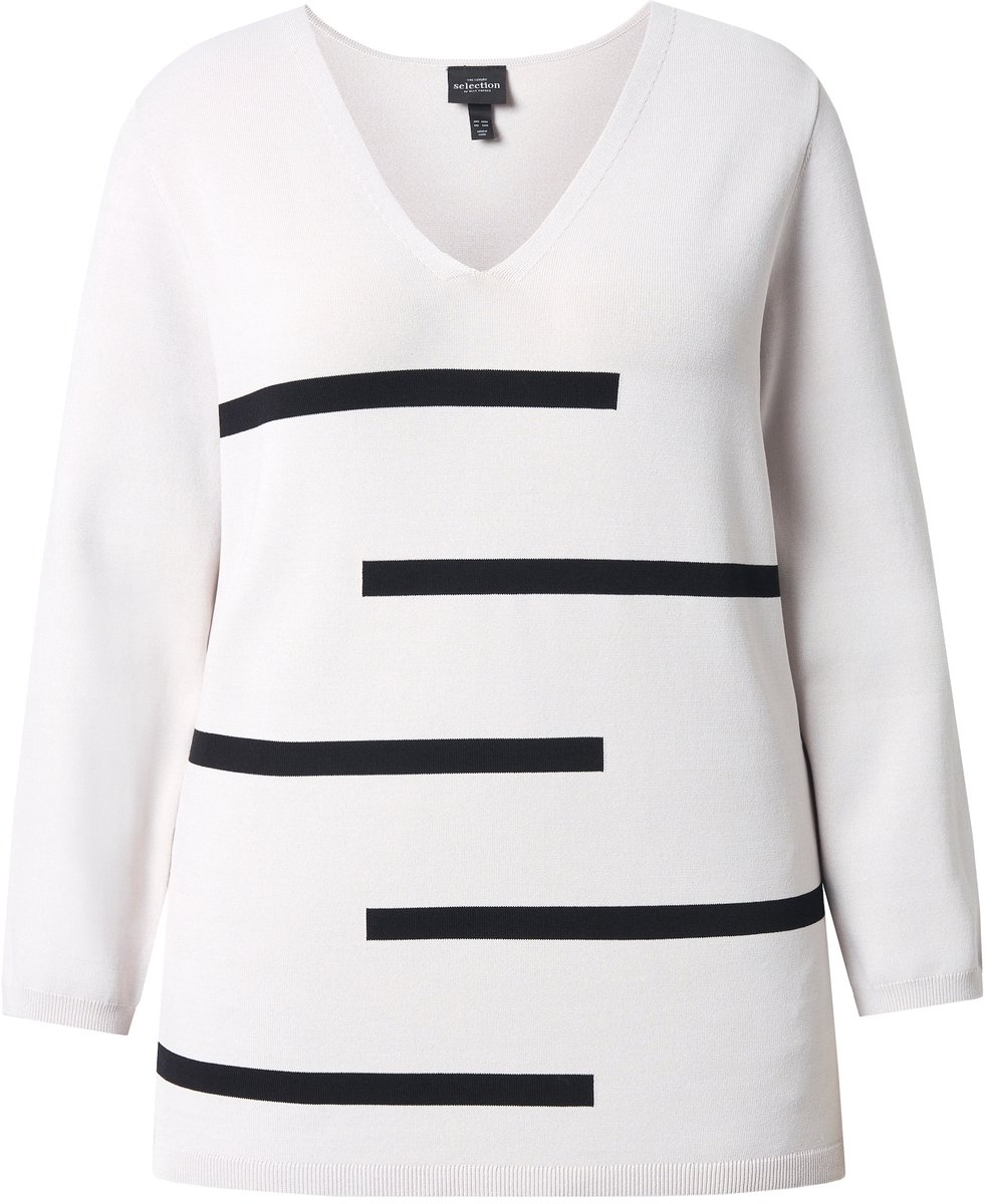 Ulla Popken - Dames - Trui strepen V-hals lange mouwen - Grijsbeige - Maat 58+