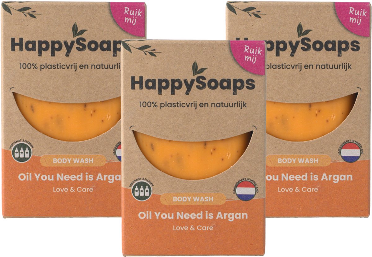 HappySoaps Oil You Need Is Argan – 3× Body Wash Bar – Voordeelverpakking - Plasticvrij & Natuurlijk